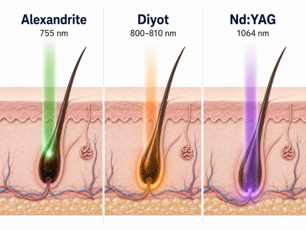 Alexandrite, diyot ve Nd:YAG lazer türlerinin dalga boyları ve penetrasyon farkları