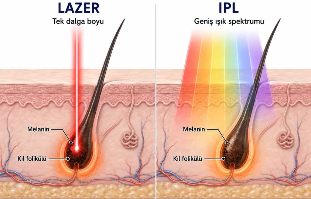 Lazer epilasyon ve IPL arasındaki ışık yapısı farkını gösteren infografik