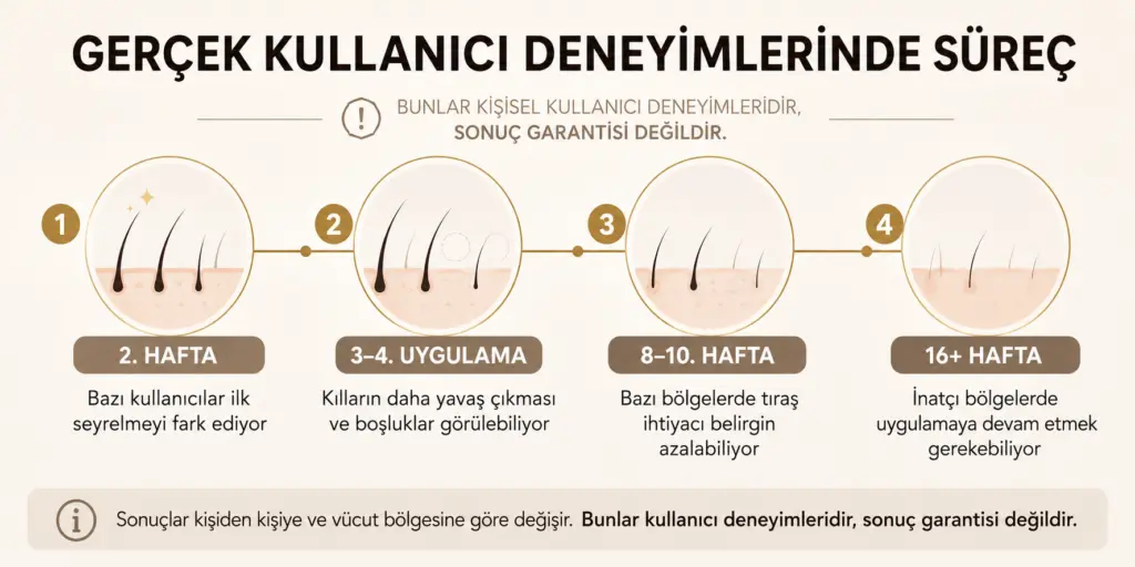 Braun IPL kullanıcı deneyimlerinde ilk haftalardan bakım dönemine kadar bildirilen sonuçların zaman çizelgesi