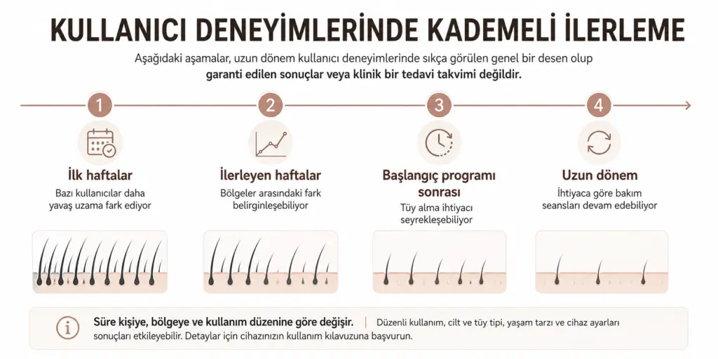 Braun IPL kullanıcı deneyimlerinde ilk haftalardan bakım dönemine kadar kademeli ilerleme zaman çizelgesi