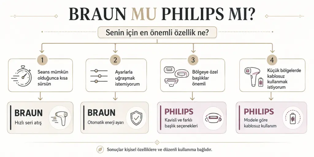 Hız, otomasyon, başlık çeşitliliği ve kullanım kontrolüne göre Braun veya Philips IPL seçimini kolaylaştıran karar ağacı
