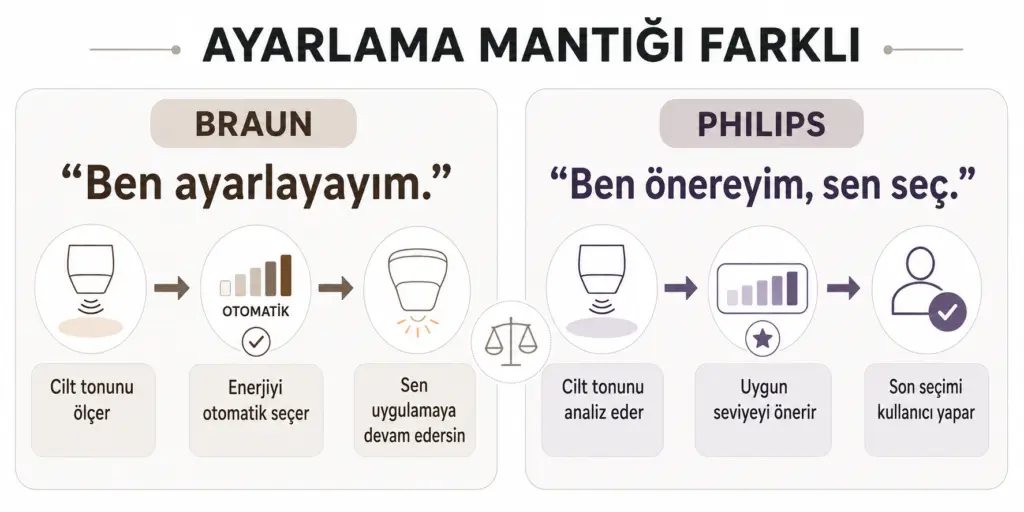 Braun otomatik enerji ayarı ile Philips SmartSkin ve SenseIQ seviye önerisinin çalışma farkı