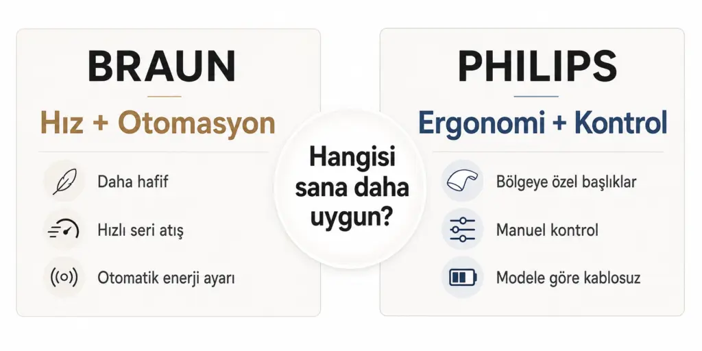 Braun için hız ve otomasyon, Philips için ergonomi ve başlık çeşitliliğini özetleyen karar grafiği