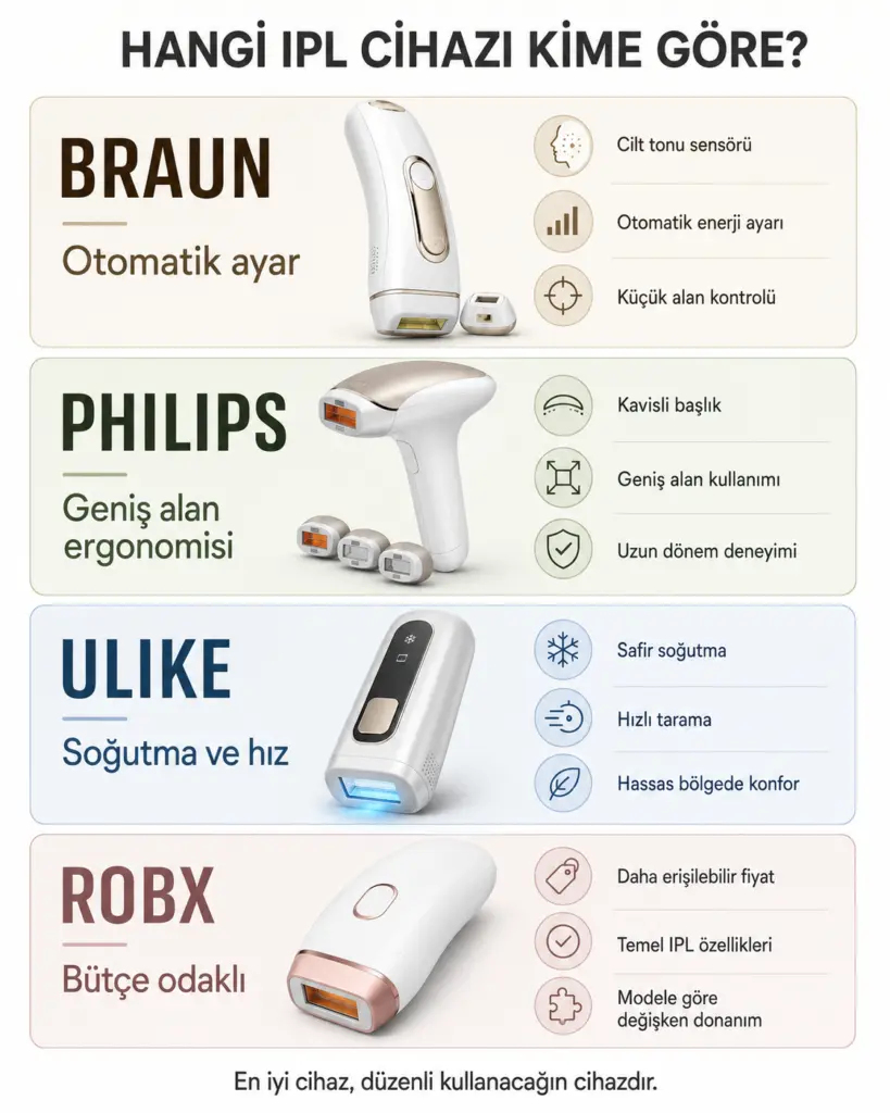 Braun Philips Ulike ve Robx IPL cihazlarının öne çıkan özelliklerinin karşılaştırması