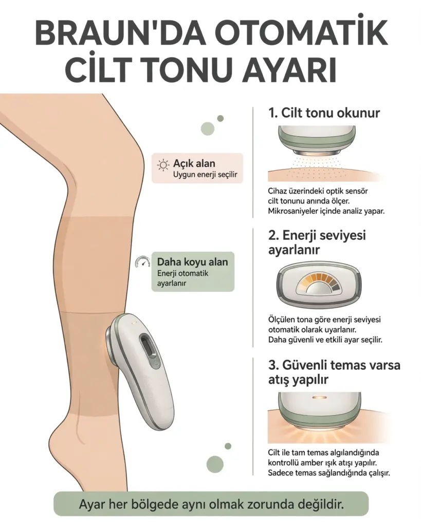 Braun SensoAdapt teknolojisinin cilt tonuna göre enerji ayarlamasını gösteren infografik