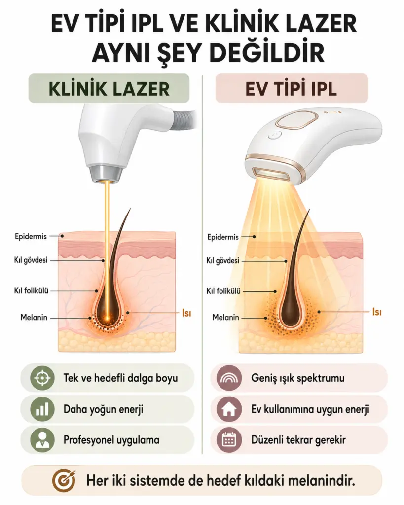 Ev tipi IPL ile klinik lazer epilasyon arasındaki farkı gösteren infografik