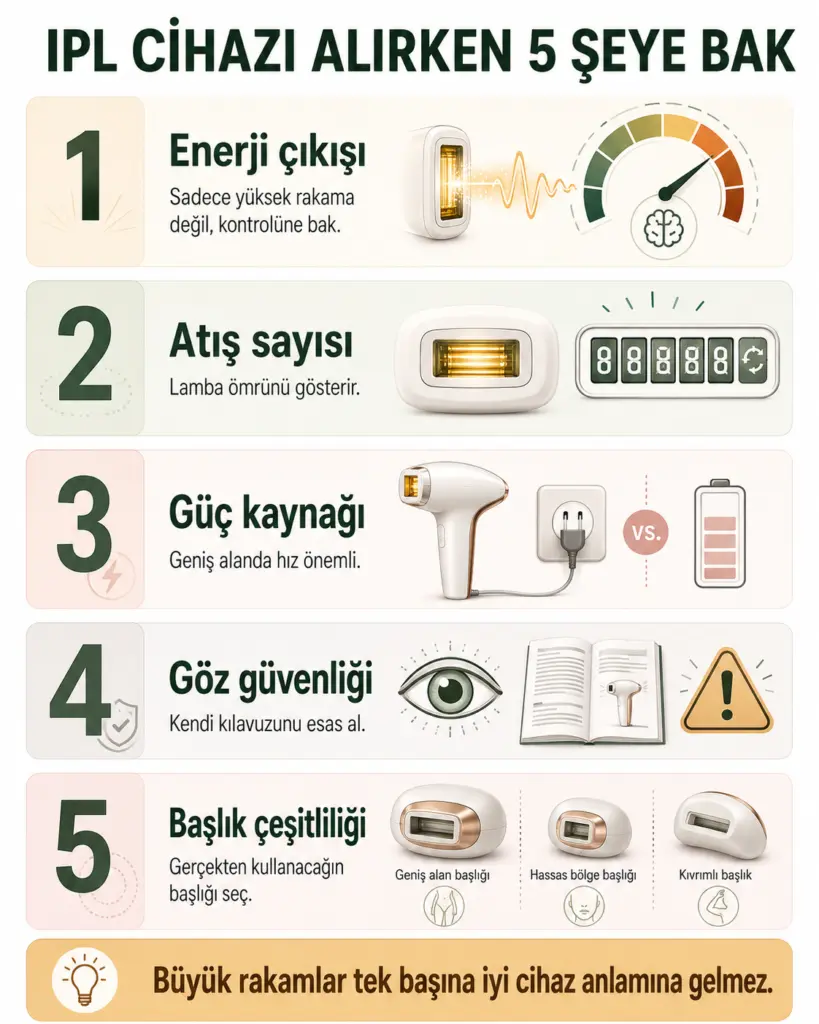 IPL cihazı alırken enerji çıkışı atış sayısı güç kaynağı göz güvenliği ve başlık seçimi