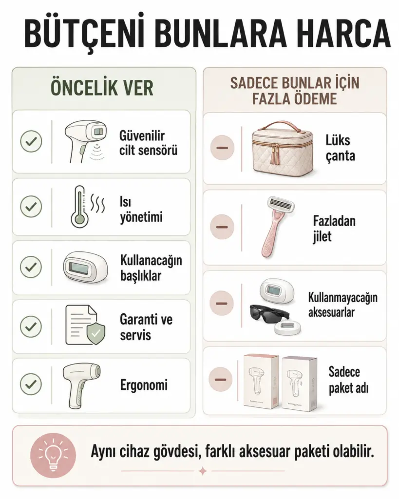 Ev tipi IPL cihazı seçerken bütçenin hangi özelliklere ayrılması gerektiğini gösteren infografik