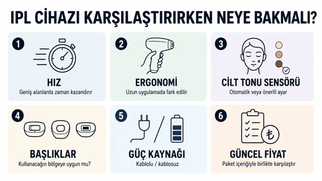 Ev tipi IPL cihazı karşılaştırırken hız, ergonomi, sensör, başlık, güç kaynağı ve fiyat kriterleri