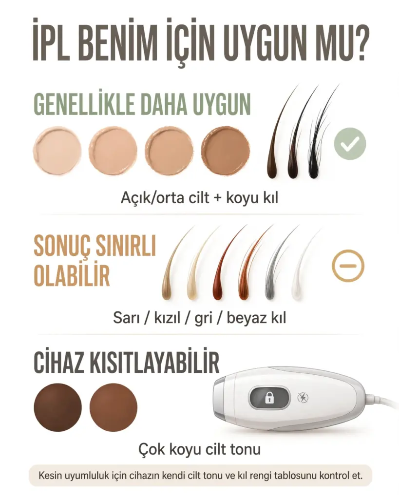 IPL cihazlarının cilt tonu ve kıl rengi uyumluluğunu gösteren infografik