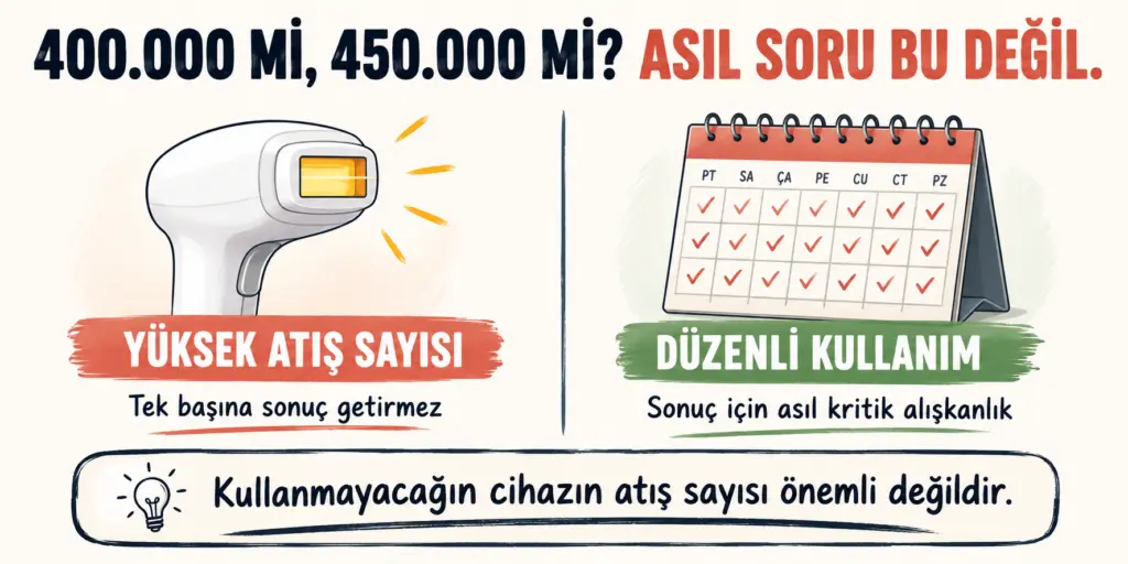 Ev tipi IPL cihazlarında düzenli kullanımın yüksek atış sayısından daha önemli olduğunu anlatan görsel