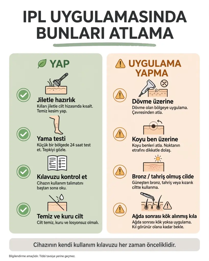 Ev tipi IPL cihazının dövme ben bronz cilt ve ağda sonrası güvenli kullanım uyarıları