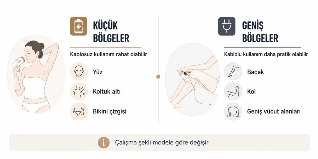 IPL cihazlarında küçük bölgelerde kablosuz ve geniş bölgelerde kablolu kullanım avantajları