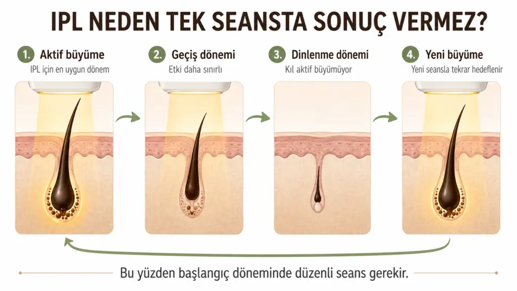 IPL uygulamasında kıl büyüme döngüsünü ve neden birden fazla seans gerektiğini gösteren görsel