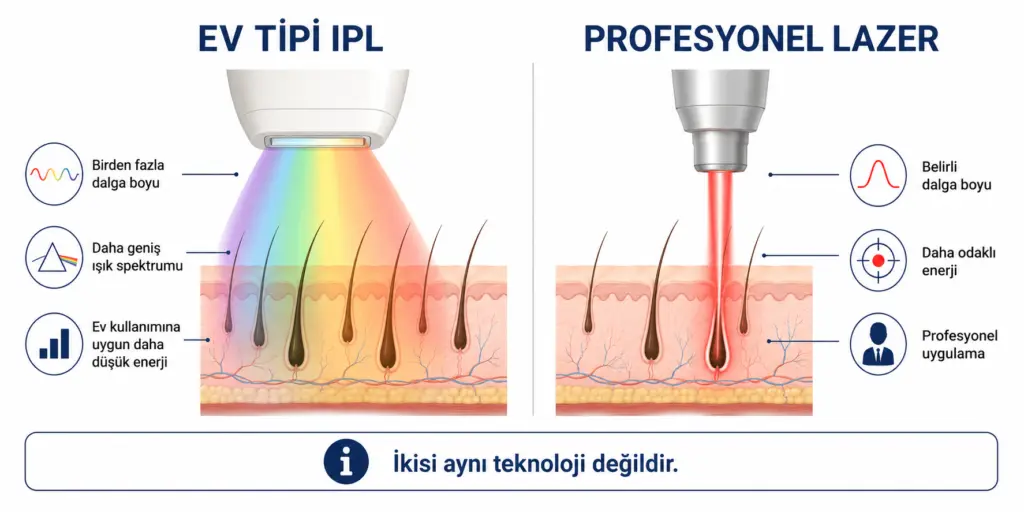 IPL ile profesyonel lazer arasındaki ışık yapısı ve çalışma mantığı farkını gösteren şema