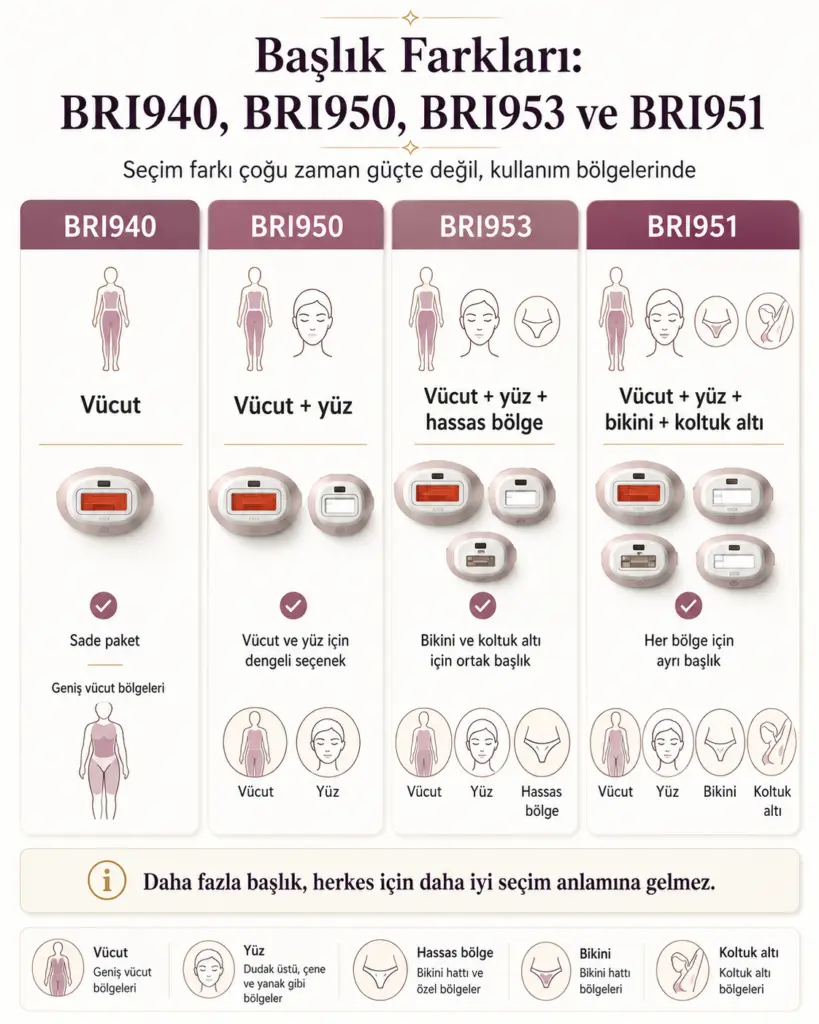 BRI940, BRI950, BRI953 ve BRI951 modellerinde bulunan başlıkları karşılaştıran infografik