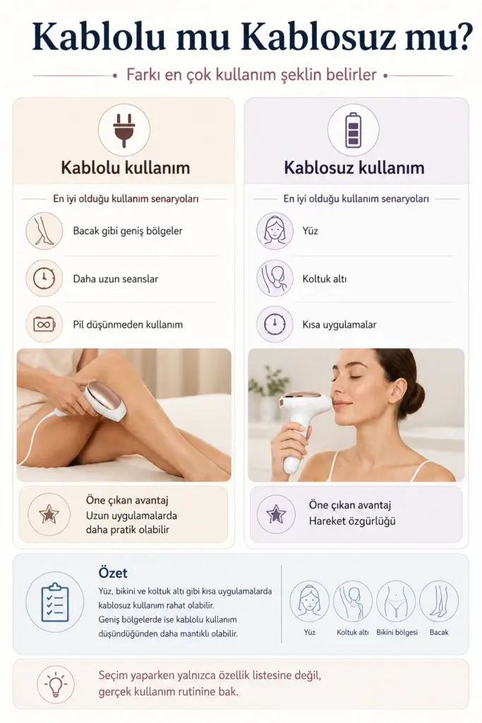 Kablolu ve kablosuz Philips Lumea kullanımının pratik farklarını açıklayan infografik