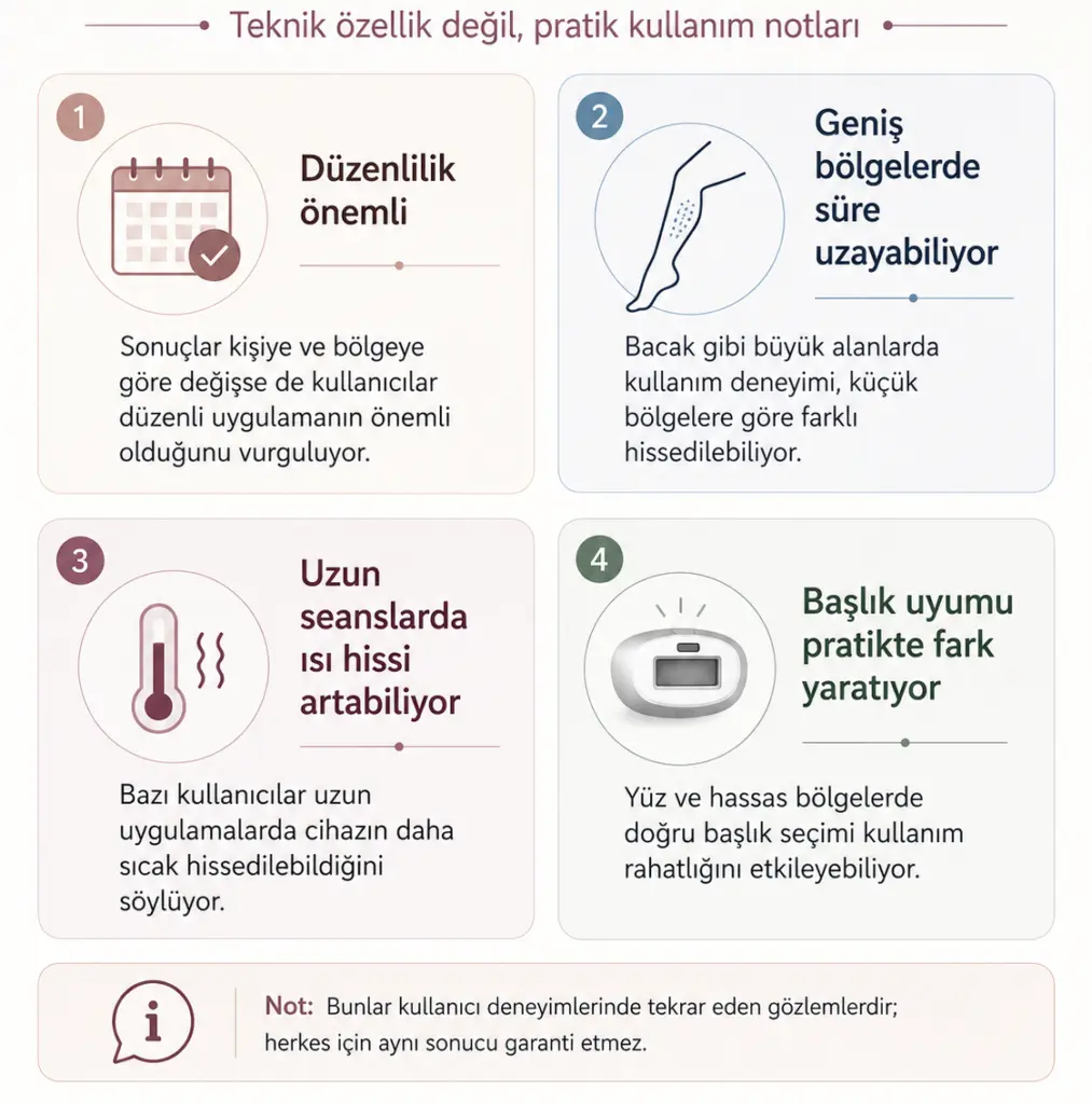 Uzun dönem kullanıcı deneyimlerinde öne çıkan pratik Philips Lumea kullanım noktalarını özetleyen infografik