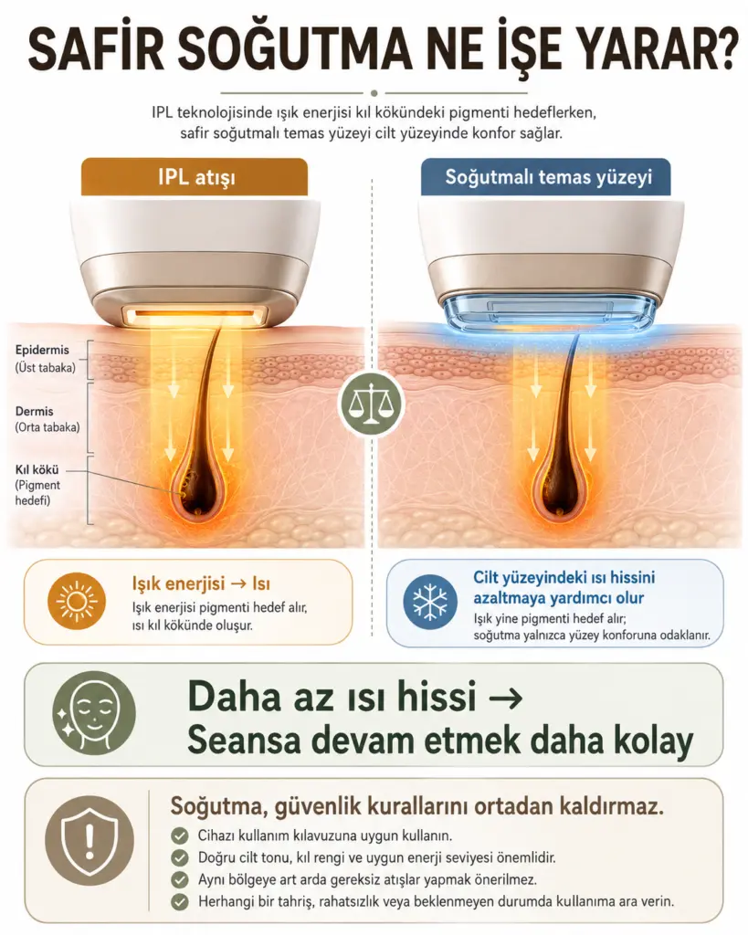 Ulike safir soğutma teknolojisinin IPL uygulamasında ısı hissini azaltma prensibini gösteren infografik